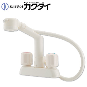 洗面用蛇口[台][シャンプー水栓][2ハンドル混合水栓][スパウト120mm][湯水芯102mm][ホース式][一般地]