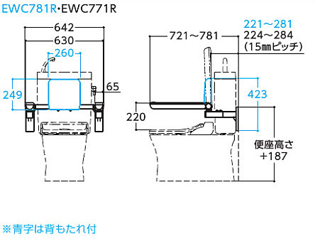 EWC781R｜TOTO｜肘掛け手すり[壁固定][はね上げタイプ][背もたれ付][大
