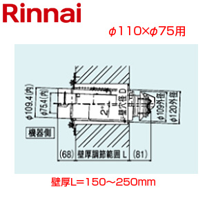 給排気筒トップ[φ110×φ75][壁厚L=150〜250][FF式][2重管][給排気部材][給湯器部材]
