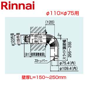 給排気筒トップ[直排専用][φ110×φ75][壁厚L=150〜250][FF式][2重管][給排気部材][給湯器部材]