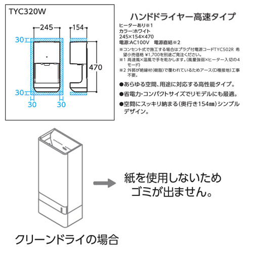 TYC320W｜TOTO｜ハンドドライヤー[クリーンドライ][壁取付][電源直結