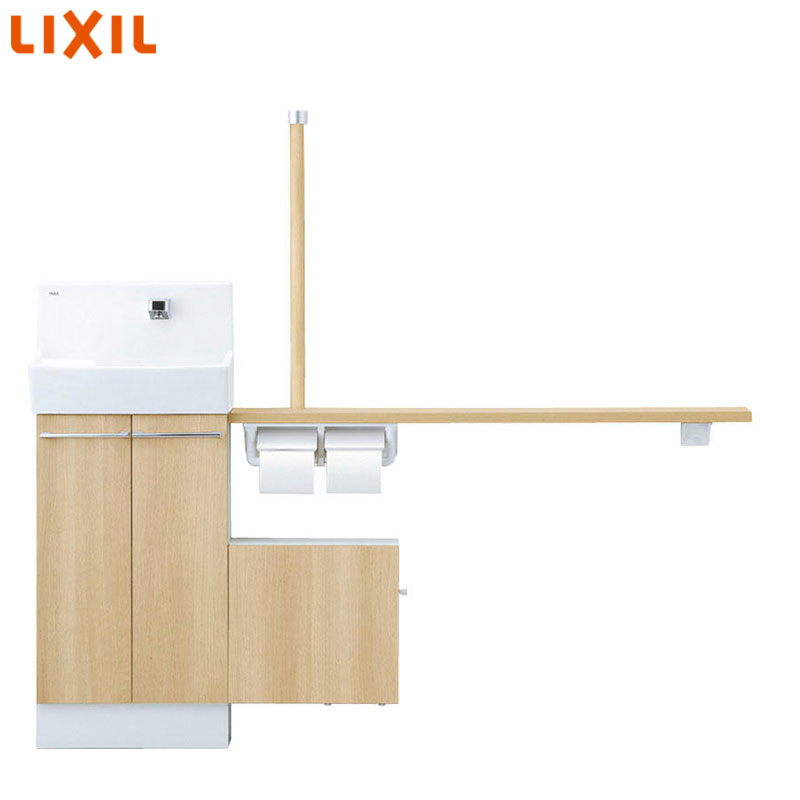 手洗キャビネット[コフレル][ワイド][壁付][手すりカウンターサニタリーボックス付キャビネットタイプ][ハンドル水栓][1500サイズ][床排水][一般地・寒冷地共用][左仕様]